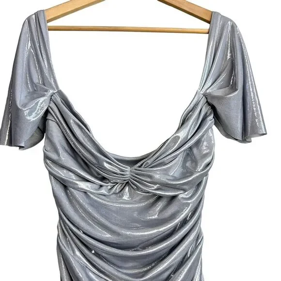 Norma Kamali Dress Womens Large Walter Lamé Gunmetal Silver Sweetheart Neck Midi - Picture 3 of 8